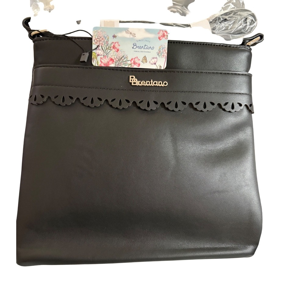 Brentano Black Faux Leather Scalloped Crossbody Bag CJ170901 NWT - Picture 3 of 4